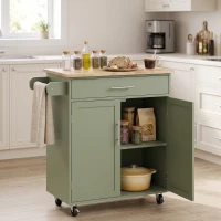 HOMCOM Kitchen Island Cart, Rolling Island Table with Solid Wood Top, Trolley Cart with Drawer, Storage Cabinet, Green(m-2)