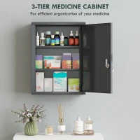 kleankin 16" x 21" Lockable Medicine Cabinet, 3 Tier Steel Medical Wall Box with 2 Keys and Shelves for Bathroom, Gray(m-5)