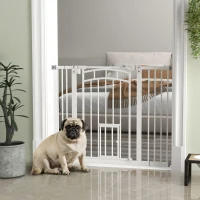 PawHut Auto-Close Pet Gate, Stair Gate with Cat Door, Double Locking for Doorways Hallways Stairs, Fits 29"-39.4" Wide, White(m-8)