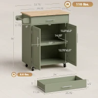 HOMCOM Kitchen Island Cart, Rolling Island Table with Solid Wood Top, Trolley Cart with Drawer, Storage Cabinet, Green(m-3)