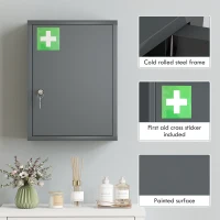 kleankin 16" x 21" Lockable Medicine Cabinet, 3 Tier Steel Medical Wall Box with 2 Keys and Shelves for Bathroom, Gray(m-6)