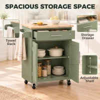 HOMCOM Kitchen Island Cart, Rolling Island Table with Solid Wood Top, Trolley Cart with Drawer, Storage Cabinet, Green(m-4)