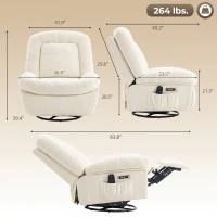HOMCOM Oversized Power Recliner Chair with Massage and Heat, USB Port, Overstuffed Chenille Swivel Rocker Recliner, Cream White(m-3)