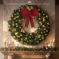 HOMCOM 48" Prelit Crestwood Spruce Artificial Christmas Wreath, Christmas Decor with Bow, 8 Modes, Red Berries, Pinecones(m-3)