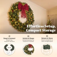 HOMCOM 48" Prelit Crestwood Spruce Artificial Christmas Wreath, Christmas Decor with Bow, 8 Modes, Red Berries, Pinecones(m-7)