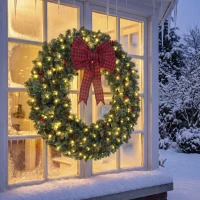 HOMCOM 48" Prelit Crestwood Spruce Artificial Christmas Wreath, Christmas Decor with Bow, 8 Modes, Red Berries, Pinecones(m-10)