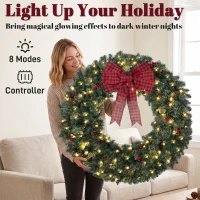 HOMCOM 48" Prelit Crestwood Spruce Artificial Christmas Wreath, Christmas Decor with Bow, 8 Modes, Red Berries, Pinecones(m-5)