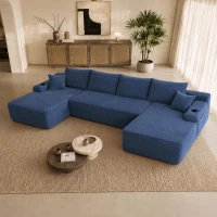 Vibrant Corduroy Sofa with U-Shaped Double Chaise and Side Pockets, Breezy Couch for Living Room and Bedroom, 126'' L x 66" W x 26" H, Blue(m-4)