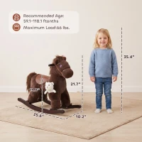 Qaba Kids Rocking Horse with Bear Toy, Plush Animal Rocker with Fun Realistic Sounds for Toddler 18-36 Months, Brown(m-3)