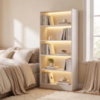 HOMCOM Bookshelf with LED Lights, 5-Tier Bookcase, Cable Holes, for Living Room, Study, White Wood Grain(m-7)