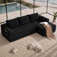 Tactile Corduroy Sofa with L-Shaped Chaise and Side Pockets, Rich Couch for Living Room and Bedroom, 104'' L x 67" W x 32.5" H, Black Right(m-1)