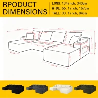 Spacious Corduroy Sectional Sofa with U-Shaped Chaise and Side Pockets, Sleek Couch for Living Room and Bedroom, 133.5'' L x 66" W x 26" H, Black(m-3)