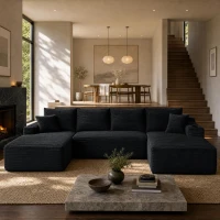 Spacious Corduroy Sectional Sofa with U-Shaped Chaise and Side Pockets, Sleek Couch for Living Room and Bedroom, 133.5'' L x 66" W x 26" H, Black(m-1)