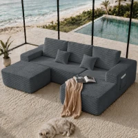 Billowy Fabric Sofa with U-Shaped Chaise and Side Pockets, Tidy Couch for Living Room and Bedroom, 104'' L x 67" W x 32.5" H, Grey Right(m-1)