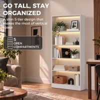 HOMCOM Bookshelf with LED Lights, 5-Tier Bookcase, Cable Holes, for Living Room, Study, White Wood Grain(m-4)