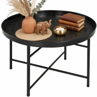 HOMCOM Coffee Table for Living Room, 24" Round Center Table with Hammered Tray Top and Metal Frame for Bedroom, Black(m-11)