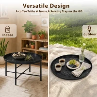 HOMCOM Coffee Table for Living Room, 24" Round Center Table with Hammered Tray Top and Metal Frame for Bedroom, Black(m-6)