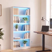 HOMCOM Bookshelf with LED Lights, 5-Tier Bookcase, Cable Holes, for Living Room, Study, White Wood Grain(m-9)