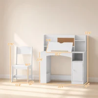 Qaba Kids Desk and Chair Set, Wooden Children Study Table with Tiltable Desktop, Storage Cabinet, Hutch for 3-12, White(m-3)