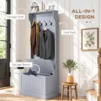 HOMCOM Entryway Hall Tree with Coat Rack and Sitting Bench, Mudroom Bench with Storage, and Hooks, Gray(m-4)