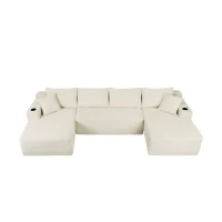 Chic Cloud Sectional with U-Shape Chaise and Cup Holder, Cozy Modular Couch with Side Pockets and No Assembly, 126'' L x 66" W x 26" H, Beige(m-11)