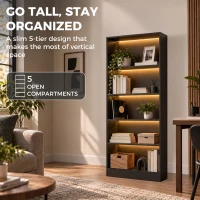 HOMCOM Bookshelf with LED Lights, 5-Tier Bookcase, Cable Holes, for Living Room, Study, Black Wood Grain(m-4)