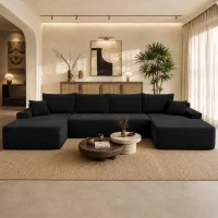Ample Corduroy Sofa with U-Shaped Double Chaise and Pockets, Inviting Couch for Living Room and Bedroom, 126'' L x 66" W x 26" H, Black(m-1)