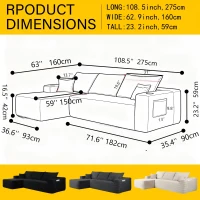 Cloud Sectional with Left L-Shape Chaise and Side Pockets, Cozy Modular Sofa with Deep Seat and No Assembly, 108'' L x 63" W x 23" H, Coffee(m-3)