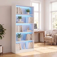 HOMCOM Bookshelf with LED Lights, 5-Tier Bookcase, Cable Holes, for Living Room, Study, White Wood Grain(m-8)