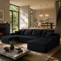 Spacious Corduroy Sectional Sofa with U-Shaped Chaise and Side Pockets, Sleek Couch for Living Room and Bedroom, 133.5'' L x 66" W x 26" H, Black(m-4)