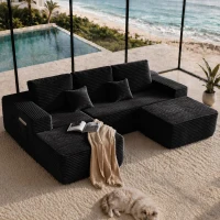 Roomy Fabric Sectional Sofa with U-Shaped Chaise and Side Pockets, Polished Couch for Living Room, 104'' L x 67" W x 32.5" H, Black Left(m-1)