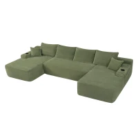 Modern Sectional with U-Shape Chaise and Cup Holder, Cozy Modular Sofa with Side Pockets and No Assembly, 126'' L x 66" W x 26" H, Green(m-10)