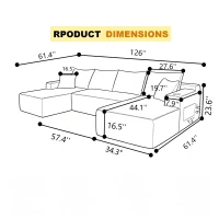 Modern Sectional with U-Shape Chaise and Cup Holder, Cozy Modular Sofa with Side Pockets and No Assembly, 126'' L x 66" W x 26" H, Green(m-3)