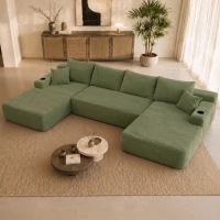 Modern Sectional with U-Shape Chaise and Cup Holder, Cozy Modular Sofa with Side Pockets and No Assembly, 126'' L x 66" W x 26" H, Green(m-4)