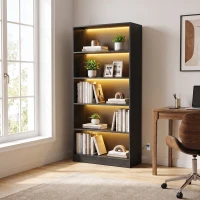 HOMCOM Bookshelf with LED Lights, 5-Tier Bookcase, Cable Holes, for Living Room, Study, Black Wood Grain(m-2)