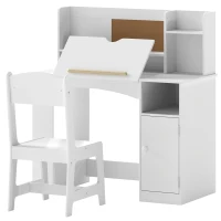 Qaba Kids Desk and Chair Set, Wooden Children Study Table with Tiltable Desktop, Storage Cabinet, Hutch for 3-12, White(m-1)