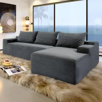 Plush Corduroy Sectional Sofa with L-Shaped Chaise & Deep Seat, Modern Couch for Living Room & Bedroom, 96.5'' L x 60" W x 31" H, Grey Right(m-4)