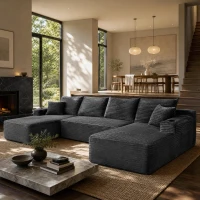 Comfy Corduroy Sectional Sofa with U-Shaped Chaise and Side Pockets, Chic Couch for Living Room and Bedroom, 133'' L x 66" W x 26" H, Grey(m-4)