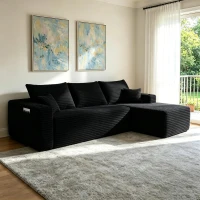 Smooth Fabric Sofa with L-Shaped Chaise and Side Pockets, Urbane Couch for Living Room and Bedroom, 108'' L x 63" W x 23" H, Black Right(m-4)