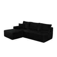 Luxurious Corduroy Sectional Sofa with L-Shaped Chaise and Cup Holder, Cozy Couch for Living Room and Bedroom, 96'' L x 66" W x 33" H, Black(m-12)
