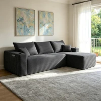 Cushioned Fabric Sofa with L-Shaped Chaise and Side Pockets, Practical Couch for Living Room and Bedroom, 108'' L x 63" W x 23" H, Grey Right(m-5)