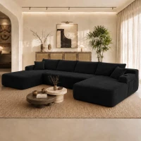 Ample Corduroy Sofa with U-Shaped Double Chaise and Pockets, Inviting Couch for Living Room and Bedroom, 126'' L x 66" W x 26" H, Black(m-5)