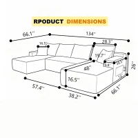 Modern Cloud Sectional with U-Shape Chaise and Side Pockets, Cozy Modular Sofa with Deep Seat and No Assembly, 134'' L x 66" W x 26" H, Black(m-3)