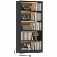 HOMCOM Bookshelf with LED Lights, 5-Tier Bookcase, Cable Holes, for Living Room, Study, Black Wood Grain(m-10)