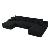 Ample Corduroy Sofa with U-Shaped Double Chaise and Pockets, Inviting Couch for Living Room and Bedroom, 126'' L x 66" W x 26" H, Black(m-10)