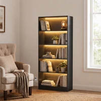 HOMCOM Bookshelf with LED Lights, 5-Tier Bookcase, Cable Holes, for Living Room, Study, Black Wood Grain(m-7)