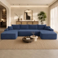 Vibrant Corduroy Sofa with U-Shaped Double Chaise and Side Pockets, Breezy Couch for Living Room and Bedroom, 126'' L x 66" W x 26" H, Blue(m-1)