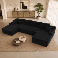 Ample Corduroy Sofa with U-Shaped Double Chaise and Pockets, Inviting Couch for Living Room and Bedroom, 126'' L x 66" W x 26" H, Black(m-4)