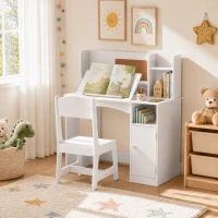 Qaba Kids Desk and Chair Set, Wooden Children Study Table with Tiltable Desktop, Storage Cabinet, Hutch for 3-12, White(m-9)