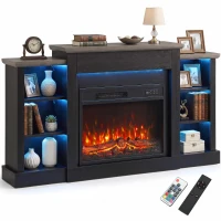 HOMCOM 55" Fireplace TV Stand for TVs up to 65", Entertainment Center TV Console, RGB LED Strips, 6 Shelves, Black Wood Grain(m-11)